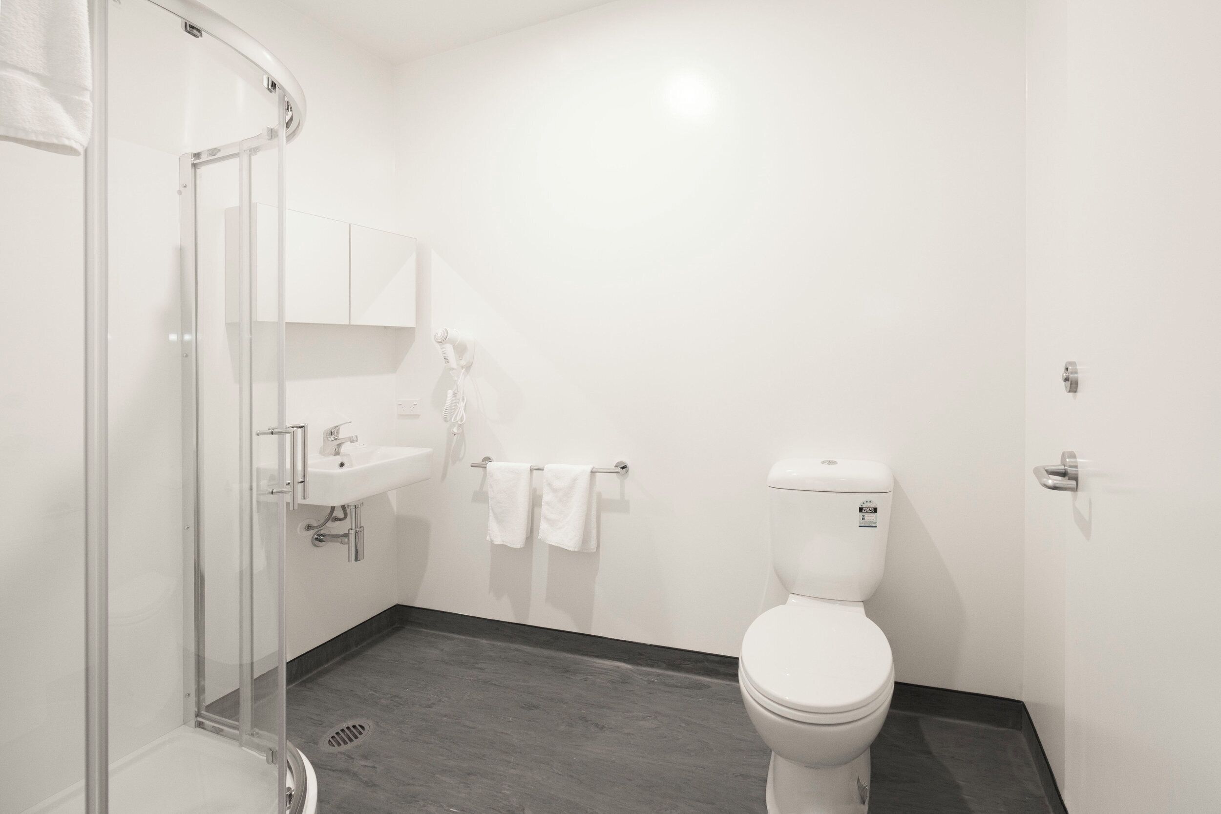 A modern bathroom with a glass shower enclosure, a white sink, and a toilet.