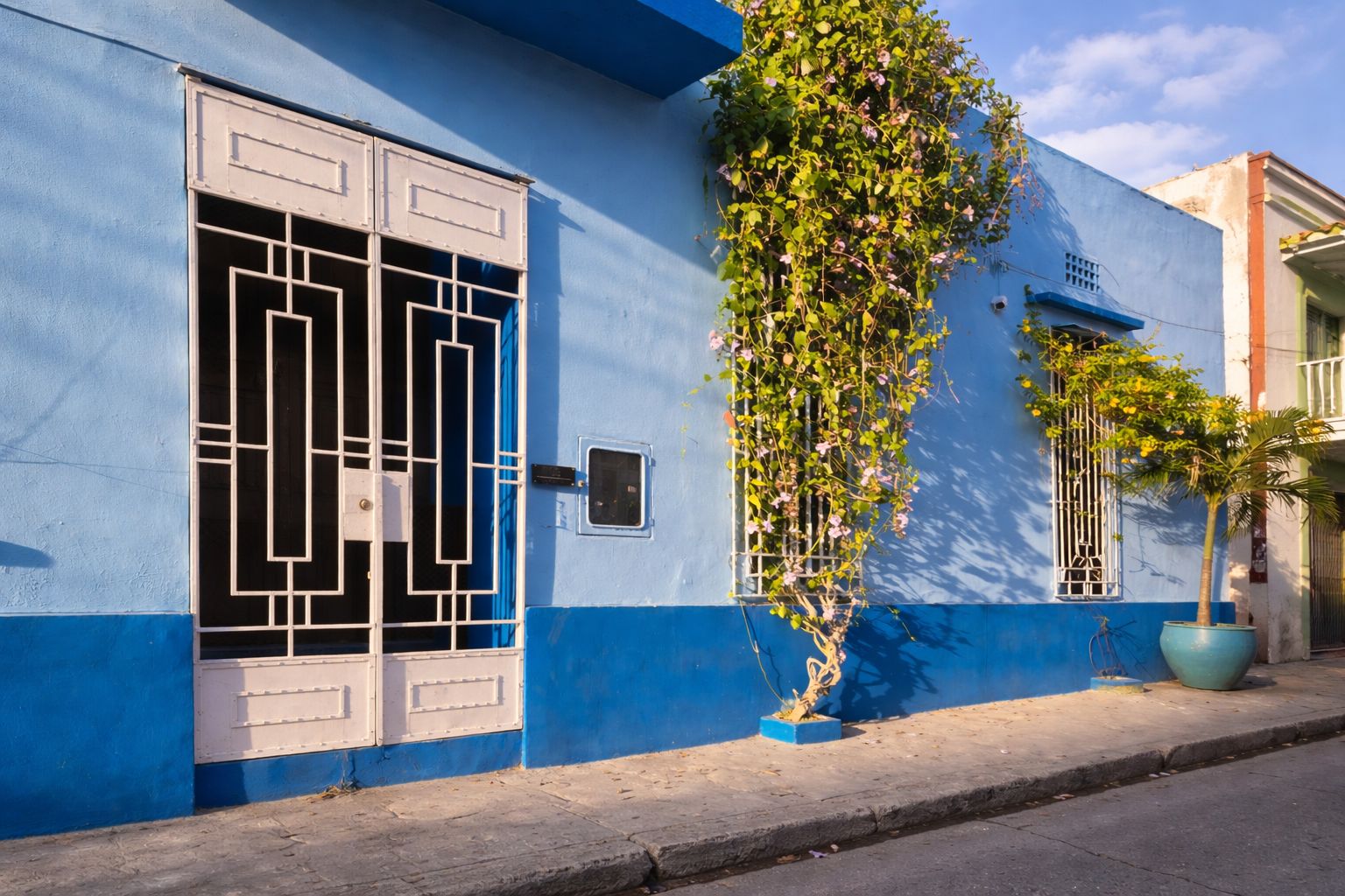 A building with a blue facade, a white door with a geometric design, and a potted plant on the sidewalk.