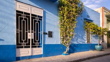 A building with a blue facade, a white door with a geometric design, and a potted plant on the sidewalk.