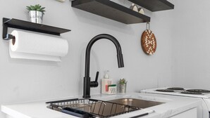 A modern kitchen with a black faucet, a stainless steel sink, a roll of paper towels, a soap dispenser, and a small potted plant. - Luxury pet-friendly remodeled cottage (Sparta)