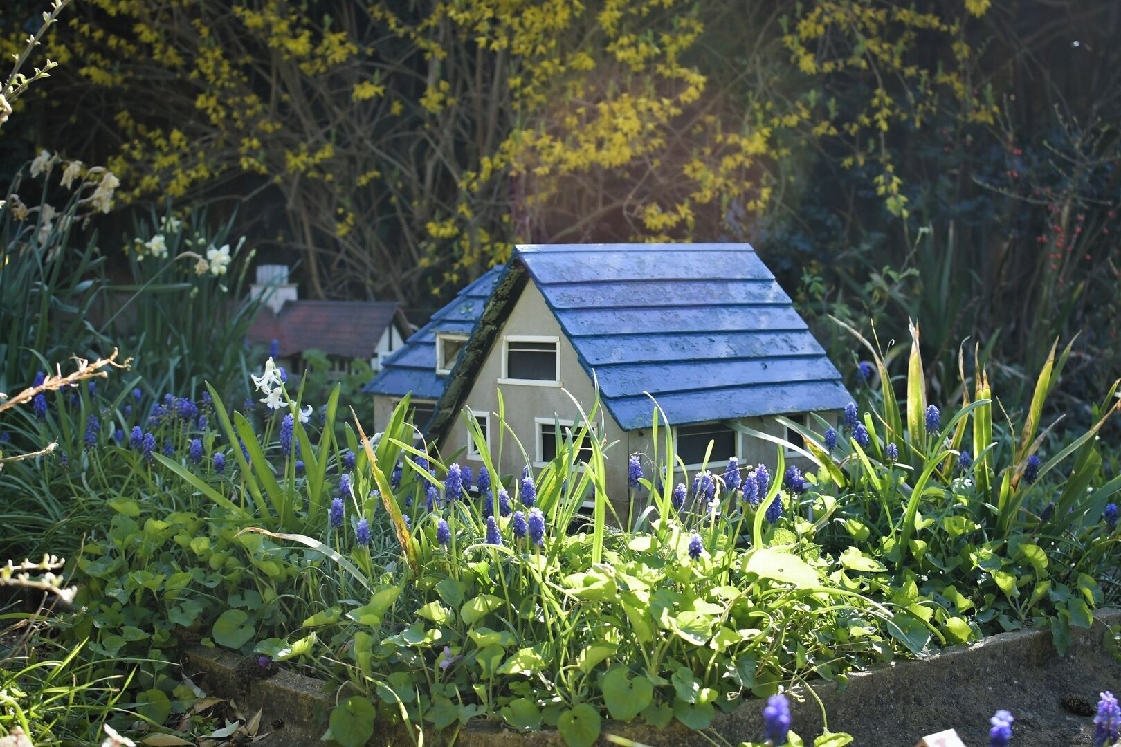 Una casa modelo con tejado azul, rodeada de follaje y flores.