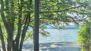 Ein See mit Bäumen und einer Straße im Vordergrund.
