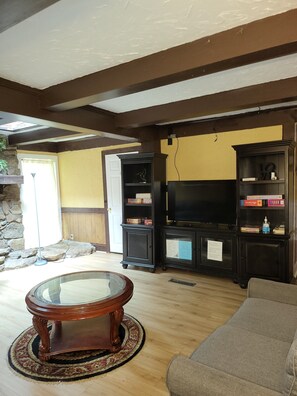 Smart TV, fireplace, books