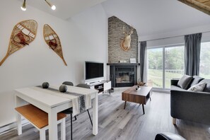 TV, fireplace, table football