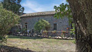 Un edificio rustico in pietra con tetto in tegole, circondato da un recinto in legno e vasi con piante.