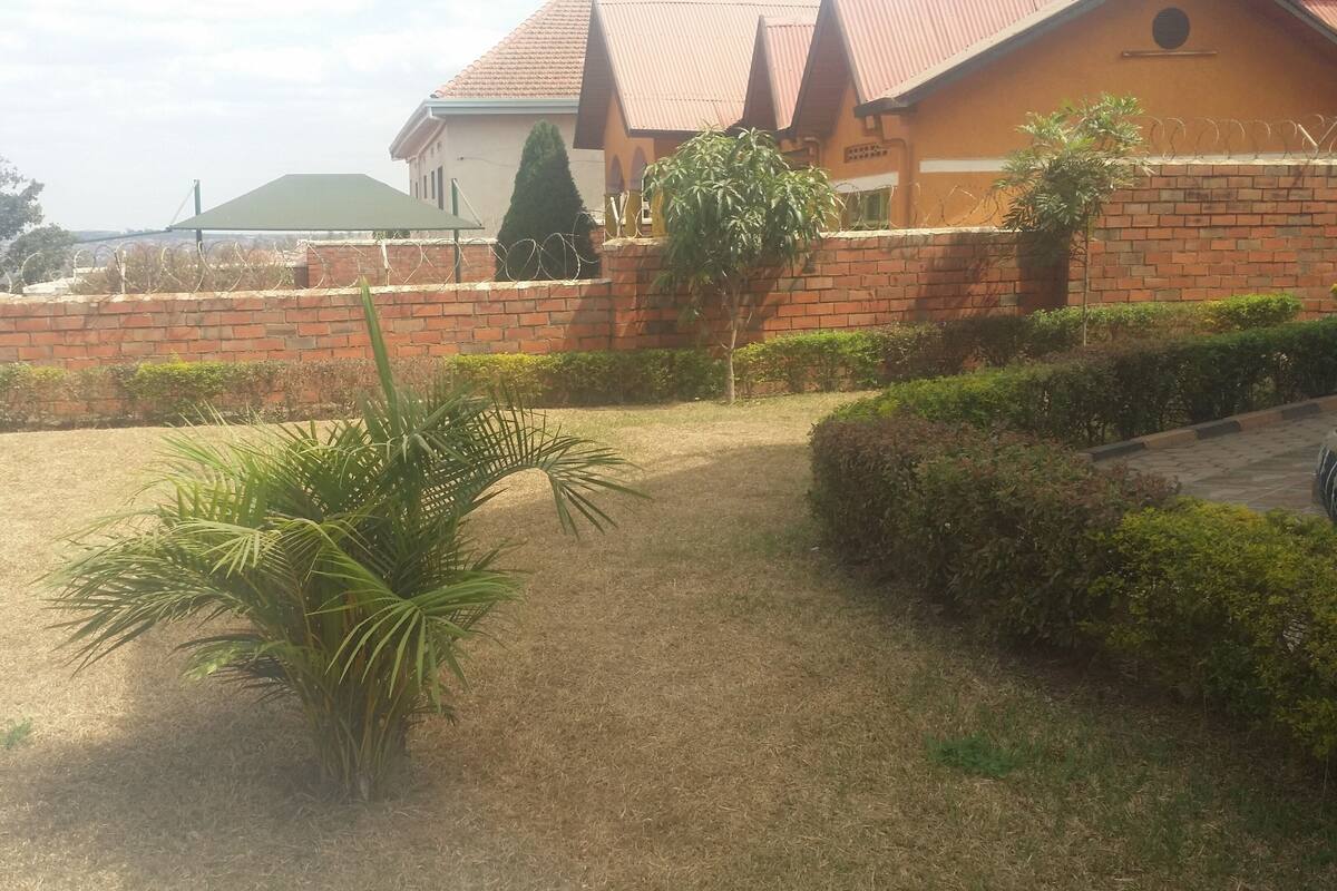 A residential area with a brick wall, a palm tree, and a building with a red roof.