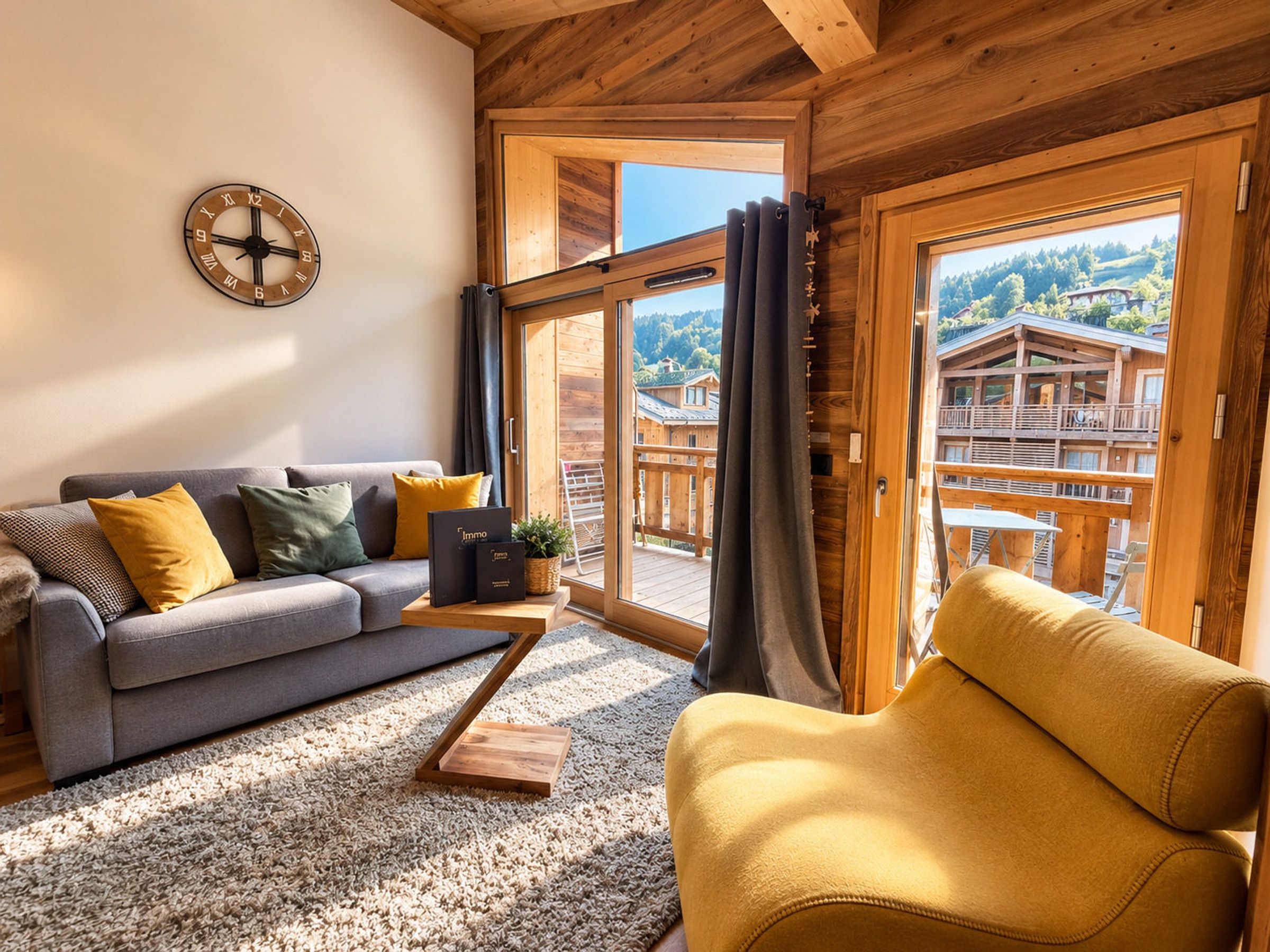 Ein gemütliches Wohnzimmer mit einer Couch, einem gelben Sessel, einem Couchtisch und einer Holzbalkendecke.