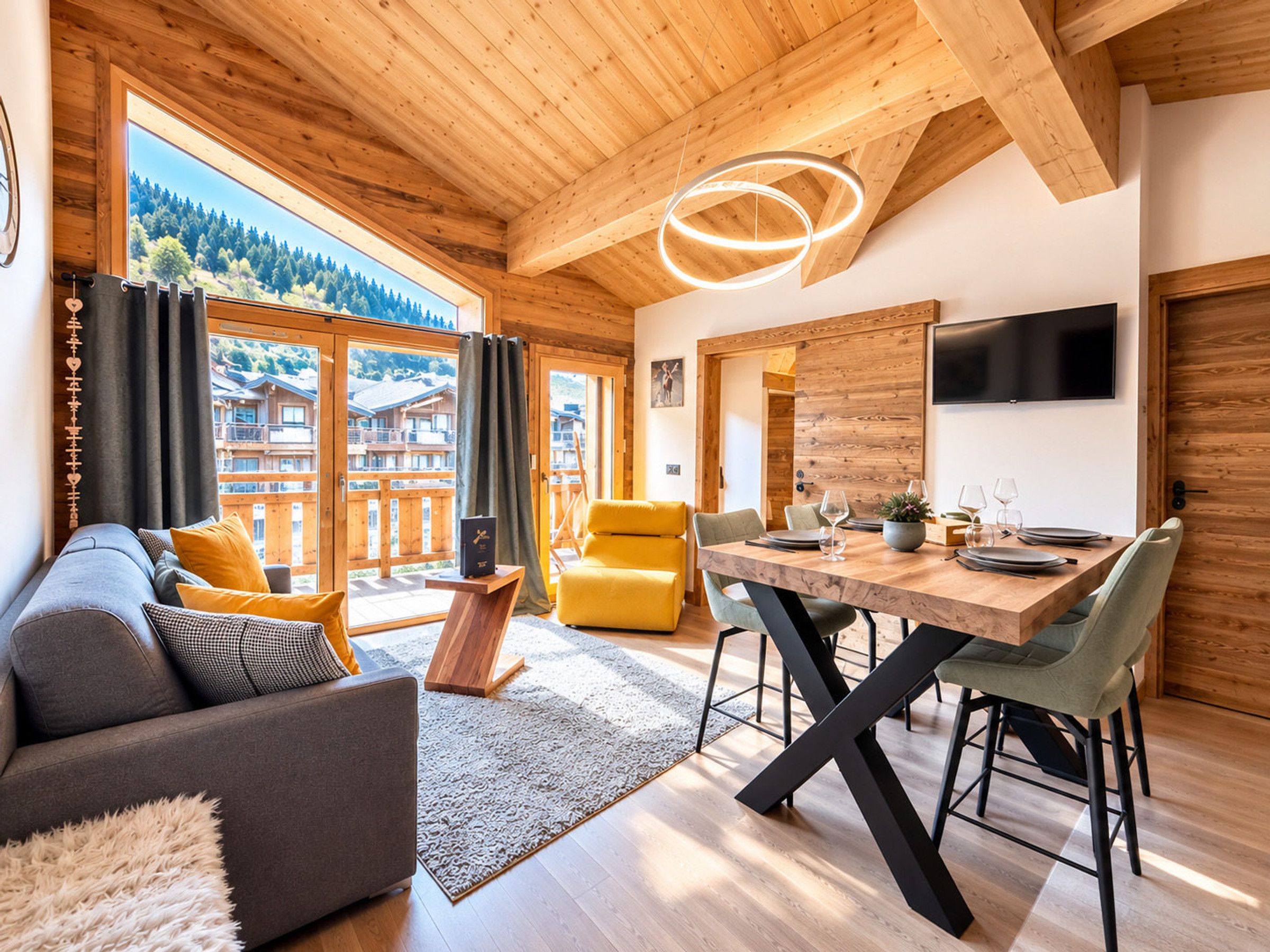 A modern interior with a wooden ceiling, a dining area with a table and chairs, a sofa with cushions, and a view of a mountainous landscape through large windows.