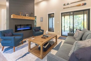 Fireplace - Porcupine Bluff | Modern Home, Lake Views (Herbster)