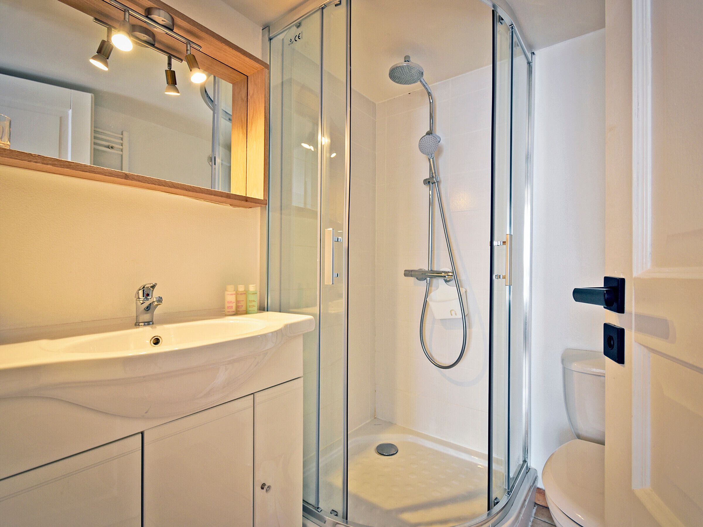 A modern bathroom with a glass-enclosed shower, a white sink, and a mirror above it.