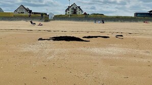 Une plage avec un grand bâtiment en arrière-plan.