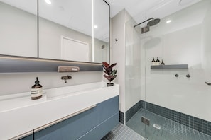 Shower, hair dryer, towels, soap