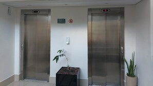 An elevator area with two elevators, a potted plant, and a sign indicating elevator use in case of fire.