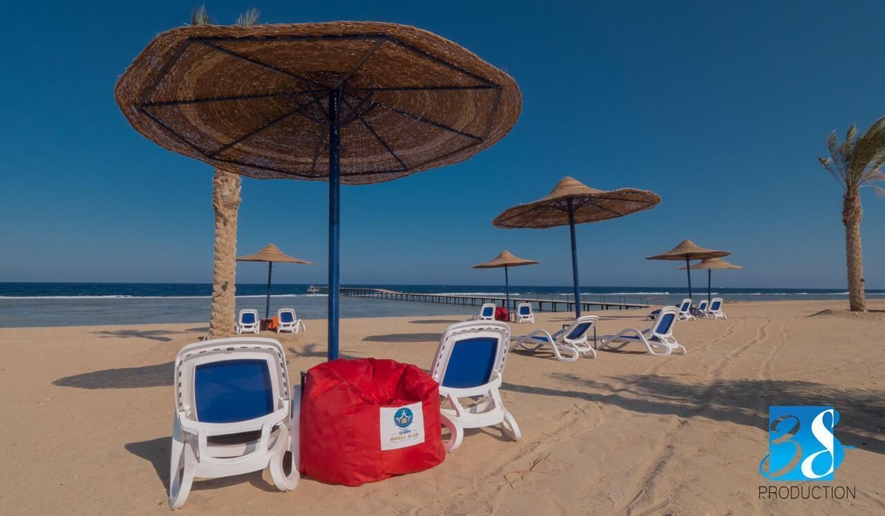 Una playa con sillas de descanso y sombrillas de techo de paja, una palmera y un muelle al fondo.