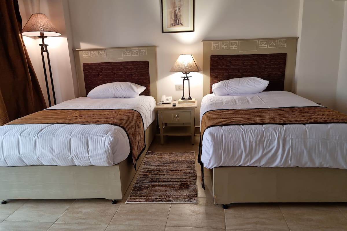 Une chambre d’hôtel avec deux lits, une table de chevet avec une lampe, un tableau encadré au mur et un tapis marron.