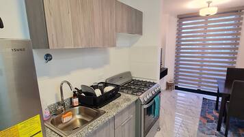 Fridge, stovetop, cookware/dishes/utensils