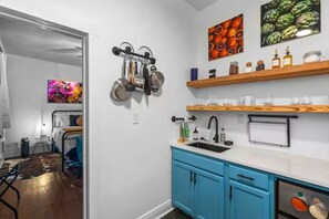 Fridge, microwave, coffee/tea maker, toaster