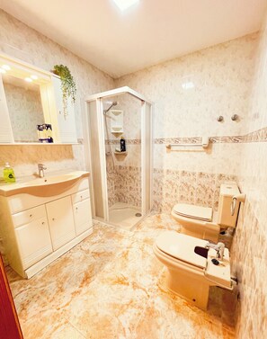 Hair dryer, bidet, towels, soap