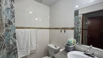 Hair dryer, towels, soap, toilet paper