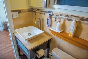 Hair dryer, towels, soap, toilet paper