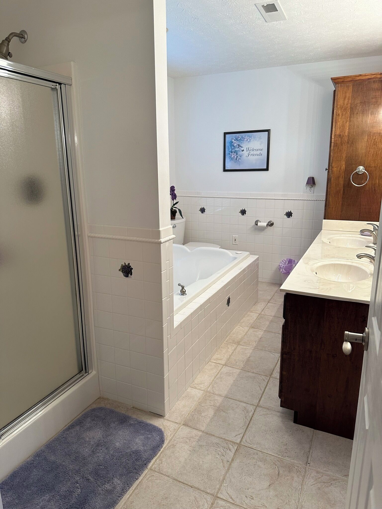 A bathroom with a shower, a bathtub, and a vanity with a sink.