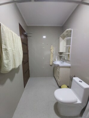 A small, compact bathroom with a toilet, sink, and mirror. - Home Harbor (Panglao)