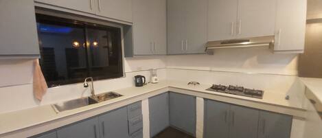 Fridge, stovetop, electric kettle, blender