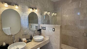 A modern bathroom with two sinks, a large mirror, and a shower area.