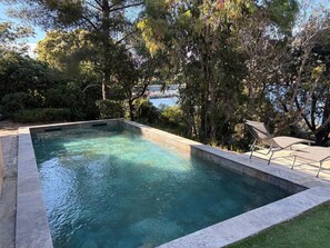 A rectangular swimming pool with clear water, surrounded by lush greenery and trees.