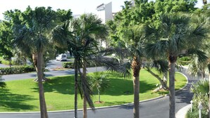 Una vista di una strada con palme, una carreggiata e un edificio sullo sfondo.