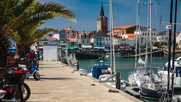 A marina with boats docked, a church tower, and a paved walkway with a palm tree. - Appartement Plage et Lac, 4pieces 3 Chambres (Les Sables-d'Olonne)