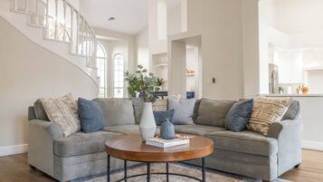 Smart TV, fireplace, video games, foosball