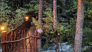 Eine Holzbrücke mit einem Schild, auf dem '1371' steht, in einer bewaldeten Gegend.