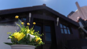 Une plante en pot, ornée de fleurs jaunes et blanches, est placée devant un bâtiment doté de grandes fenêtres et d’un toit sombre.