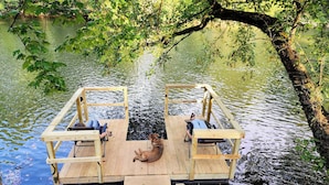 Une jetée en bois avec deux bancs et un chien allongé sur la plateforme.