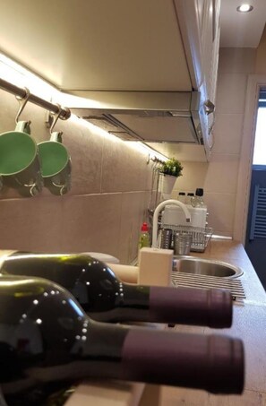 Fridge, microwave, electric kettle, toaster