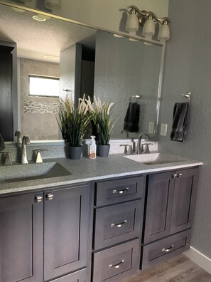 Shower, hair dryer, bidet, towels