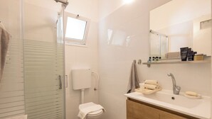 A modern bathroom with a glass shower enclosure, a toilet, a sink with a mirror, and a wooden vanity. - Your 2BR Green Oasis — Steps from Rabin Square (Tel Aviv)