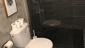 Une salle de bain avec des toilettes, une douche et un tableau encadré au mur.