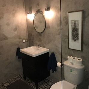 Regadera, toallas, jabón, shampoo 