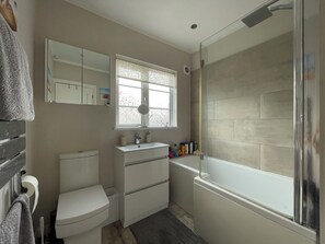 Hair dryer, towels, soap, shampoo