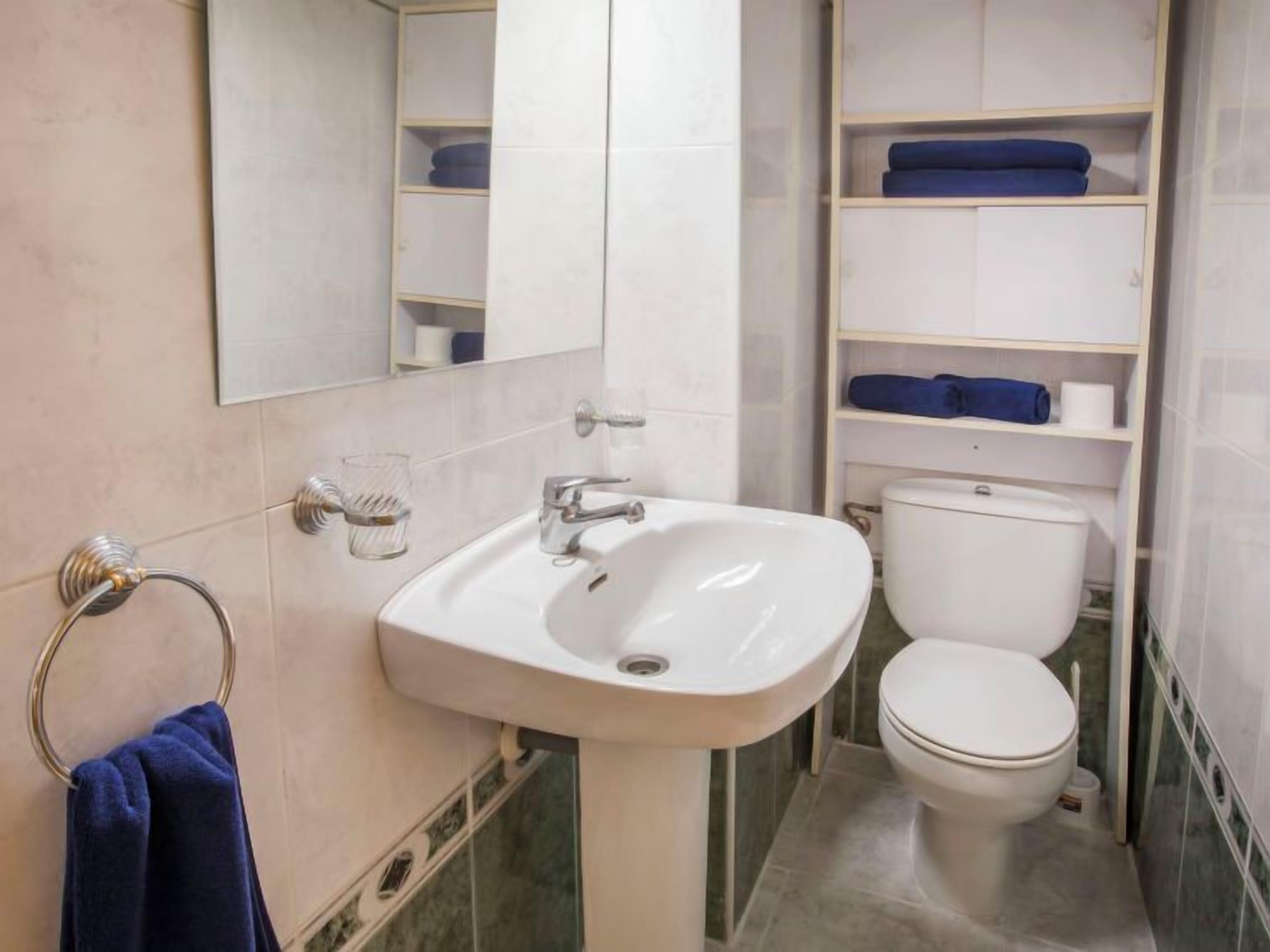 Un bagno con un lavandino bianco, un water e uno specchio. È presente un portasciugamani con un asciugamano blu.