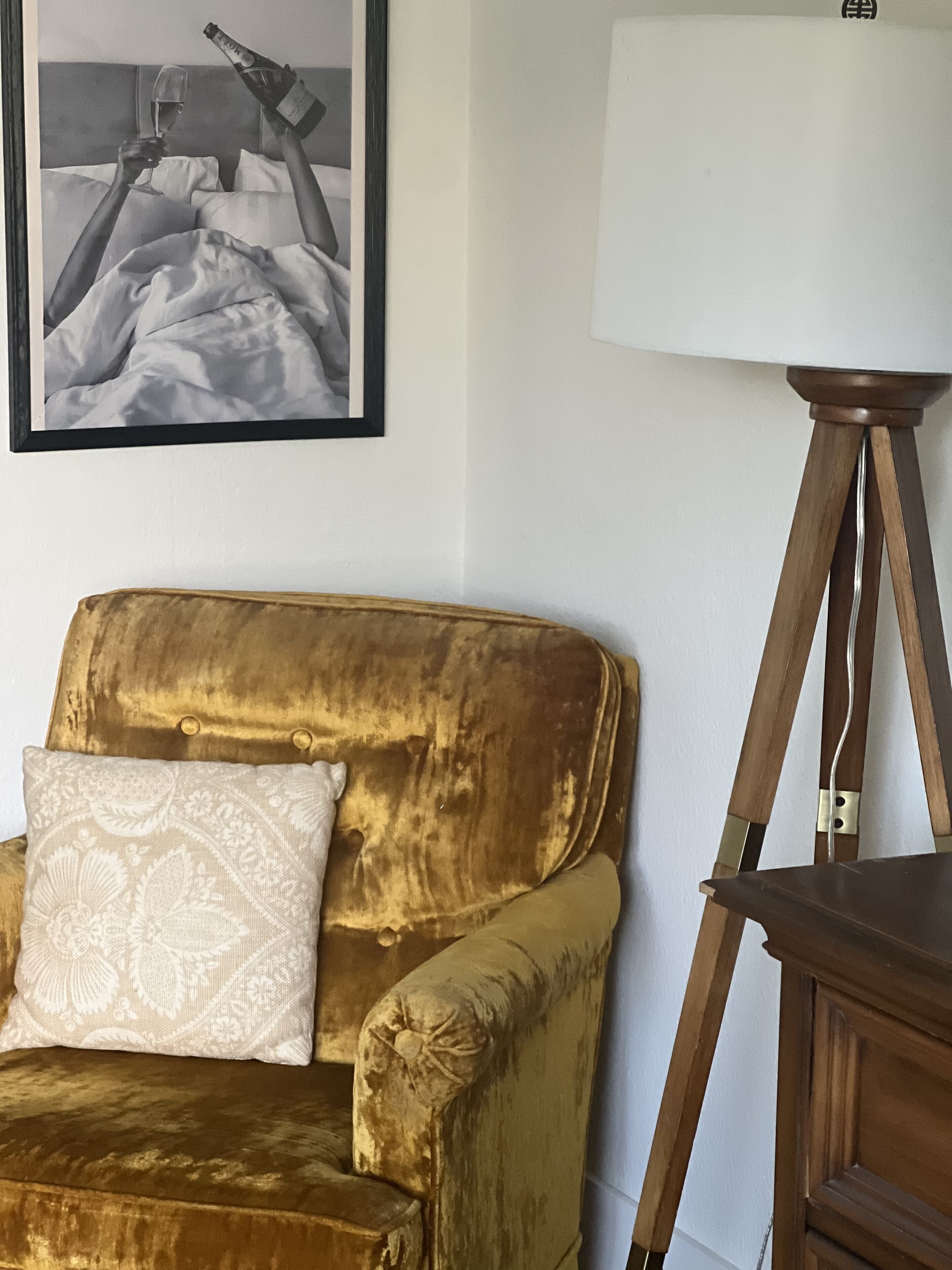 A gold velvet sofa with a patterned pillow, a framed black and white photograph on the wall, and a wooden floor lamp.
