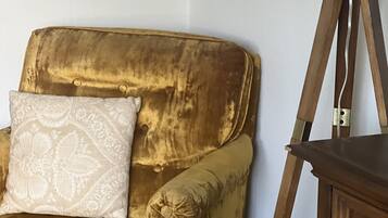 Ein goldfarbenes Samtsofa mit einem gemusterten Kissen, ein schwarz-weiß gerahmtes Foto an der Wand und eine Holzbodenlampe.