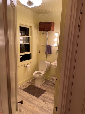 Bathroom features a toilet, vanity, and cabinet with a towel rack.