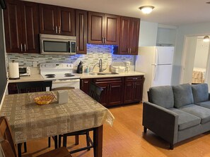 Fridge, microwave, coffee/tea maker, cookware/dishes/utensils
