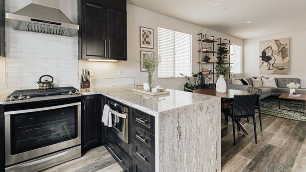 A modern kitchen with a large island, dark cabinetry, and a built-in oven. - Brand NEW4BR, Views, Family Friendly (San Diego)