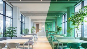 A modern indoor space with seating areas, large windows, and indoor plants. - toggle hotel suidobashi TOKYO (Tokyo)