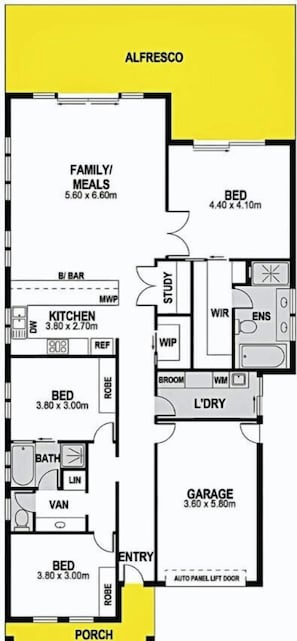 A floor plan of a hotel with a family/meal area, kitchen, bedrooms, study, bathroom, garage, and a porch. - 35 Central Dr, Victor Harbor - Luxurious Lakefront on Franklin Island  (Victor Harbor)