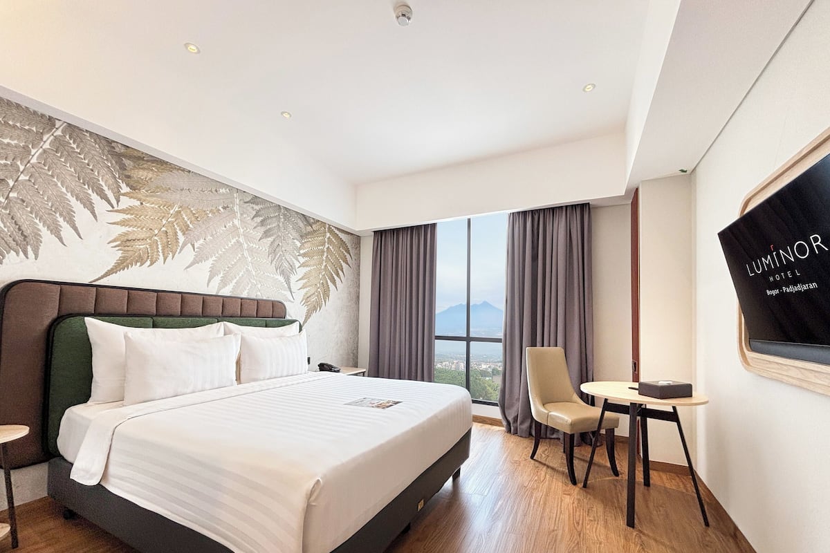 A hotel room with a large bed, a desk, a chair, and a view of a mountain through the window.